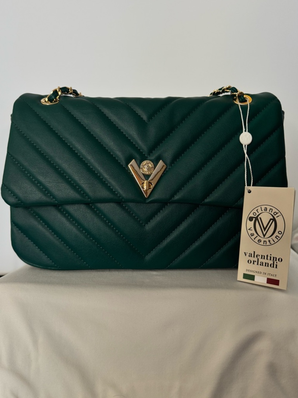 Valentino Orlandi Dark Green Quilted Shoulder Bag with Gold Hardware